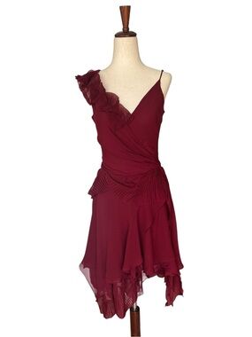 Vintage Y2K Max Azria BCBG Burgundy Asymmetrical Ruffle Slip Dress sz 0